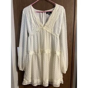 Lulus Wistful Moment off white Long sleeve Lace Dot Dress Wedding Bachelorette S